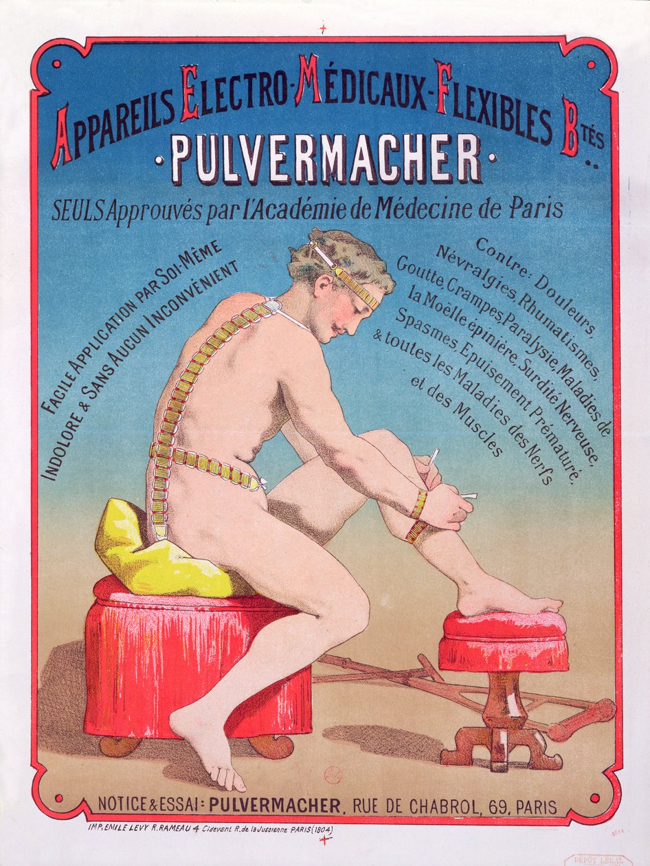 Poster advertising an Electro-Medical body massage and stimulation machine Pulvermacher, 1884 by French School
