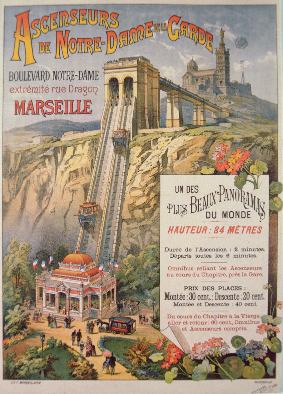 Poster advertising the elevator of Notre-Dame de la Garde, Marseilles, c.1900 by French School