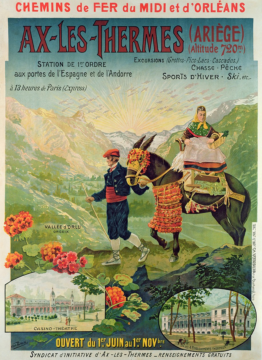 Poster advertising the ski resort of Ax-Les-Thermes, France, c.1900 by French School
