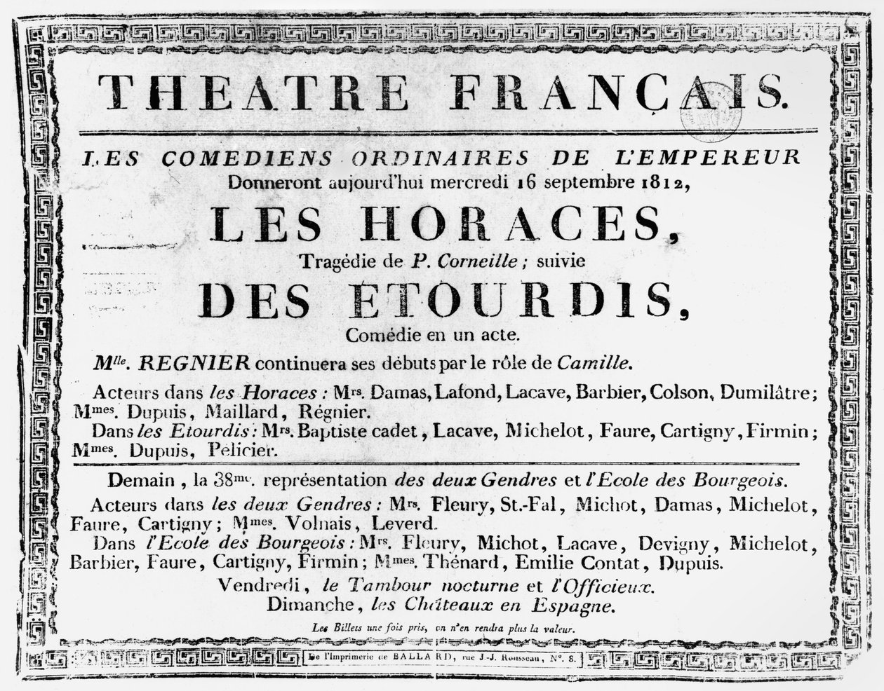 Poster for the Performance of Les Horaces by Pierre Corneille (1606-84) at the Theatre Francais in Paris, 1812 by French School