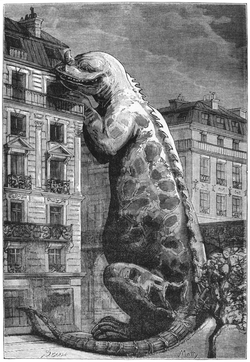 Prehistoric monster in a modern town, engraved by Motty, illustration from Le Monde Avant la Creation de l