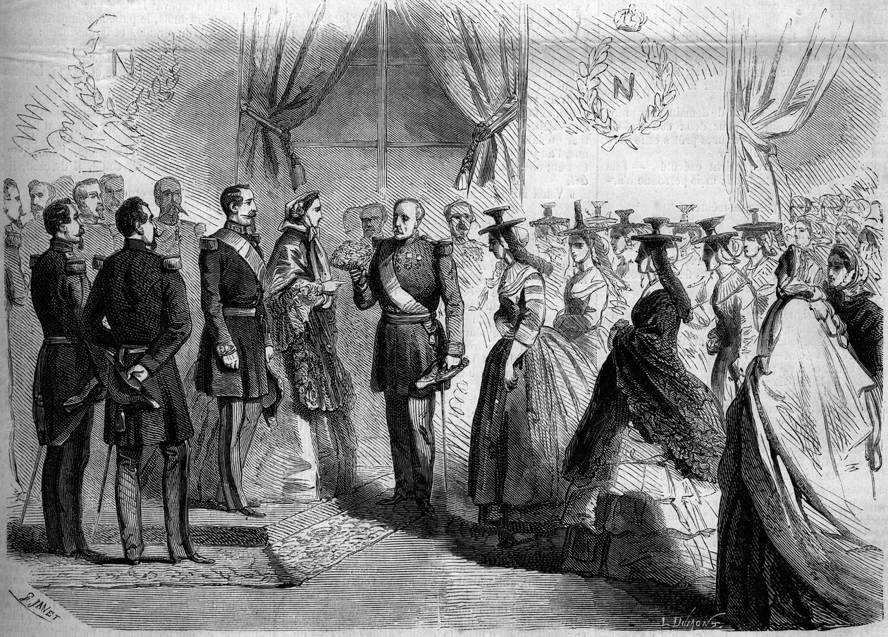 Presentation to Napoleon III (1808-1873) and to the Empress Eugenie (1826-1920) of twelve Maconnaises in country costume. Macon, Saone and Loire (71) by French School