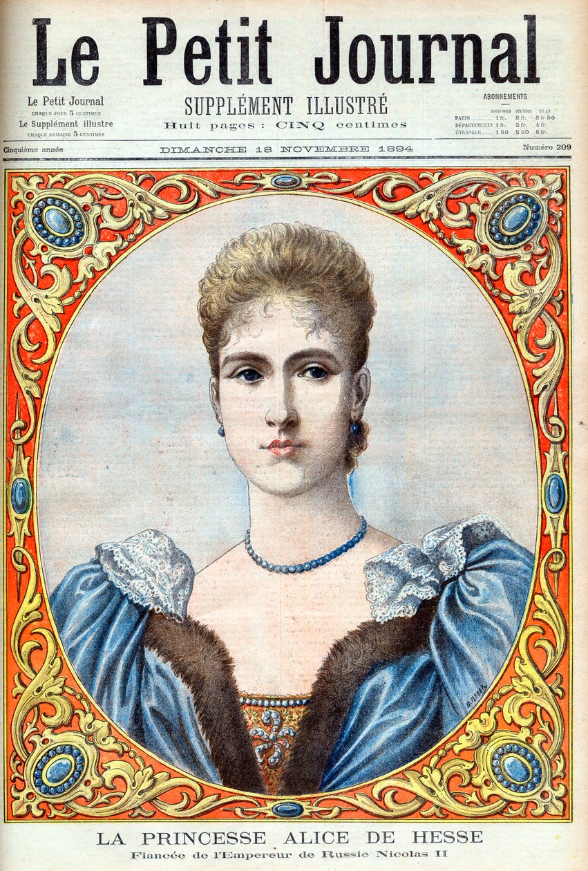 Princess Alix of Hesse (Alexandra Feodorovna) (Alexandra Feodorovna Romanov) fiancee of Tsar Nicholas II of Russia. Princess Alice of Hesse and the Rhine (1872-1918). Fiancee of the Russian Emperor Nicholas II. Illustration for Le Petit Journal by French School