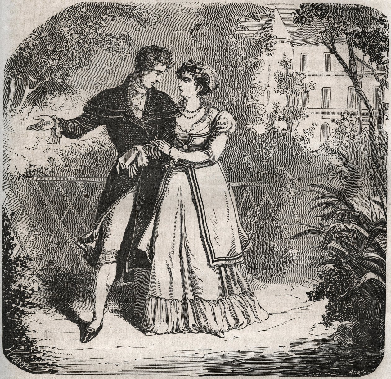 Princess of Wales Carolina of Brunswick (1768-1821) walking with her lover, Bartolomeo Bergami. Engraving from 1871 in Histoire Des Cocus Celebres by Henry de Kock (1819-1892) by French School