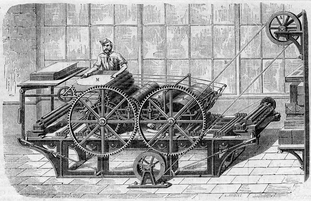 Printing of a newspaper: mechanical press for printing prints by French School