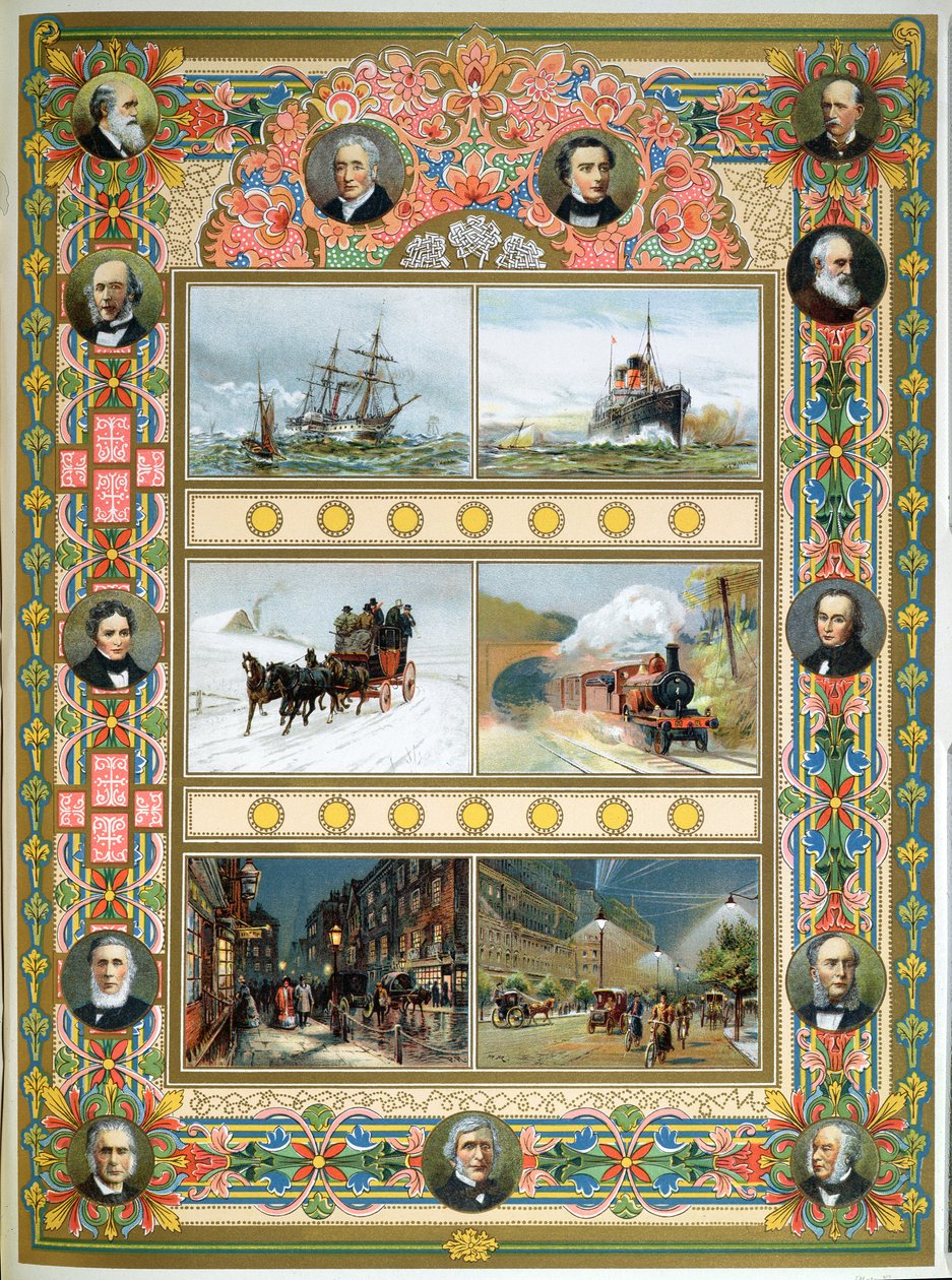 Progress during the reign of Queen Victoria. Sailing ships, steam ships, steam train and gas and electric street lighting, 1887 by French School