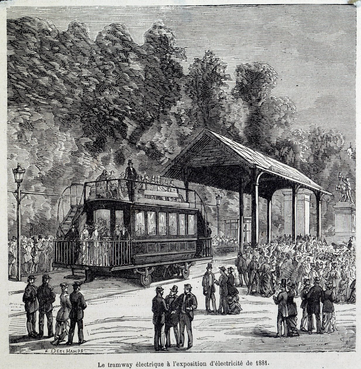 Progress in transport: the electric tramway exhibited electricity in 1881 by French School