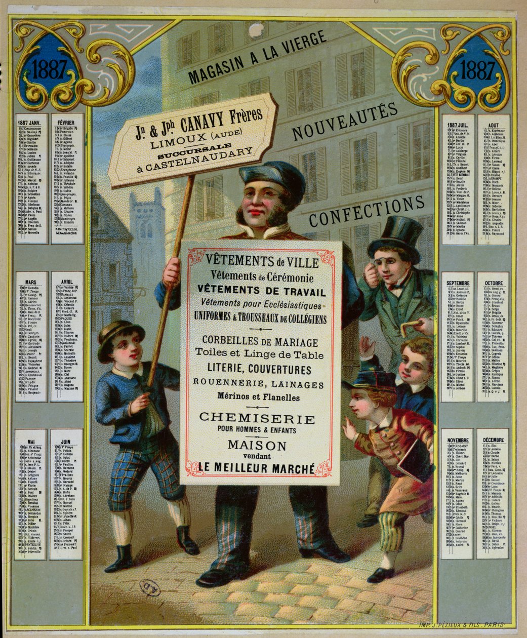 Promotional calendar for 1887 advertising Canavy Freres tailors and haberdashery by French School