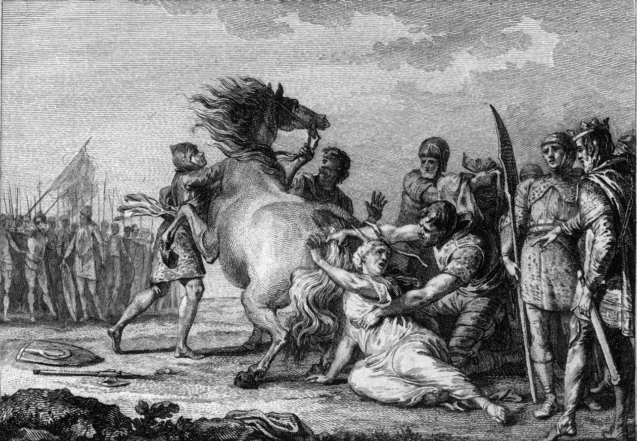 Punishment of Brunehaut, 613: Brunehaut or Brunehilde (543-613), queen of Austrasia, is attached to the tail of an indomitable horse before being dragged to the ground by French School