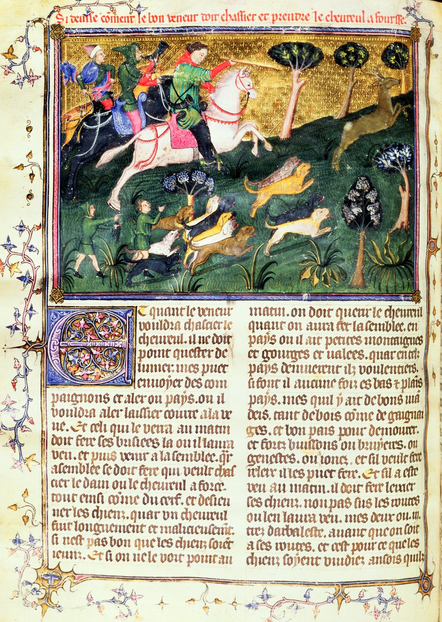Pursuit of a Roe-buck, from Livre de la Chasse, original text written by Gaston III, Comte de Foix Phebus le Chasseur (1331-91) Avignon, 1387-89 by French School