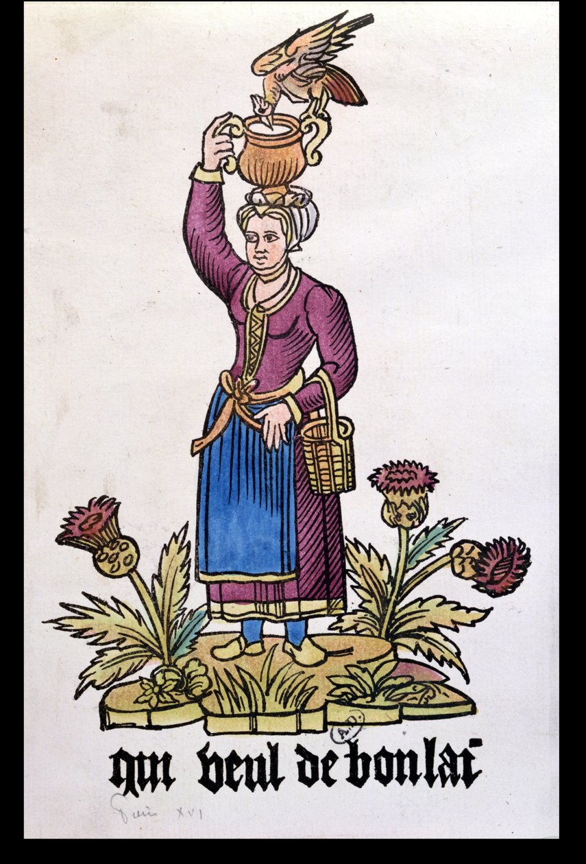 Qui Veut du Bon Lait, milkmaid from the series Les Cris de Paris, copy of a 1515 edition by French School