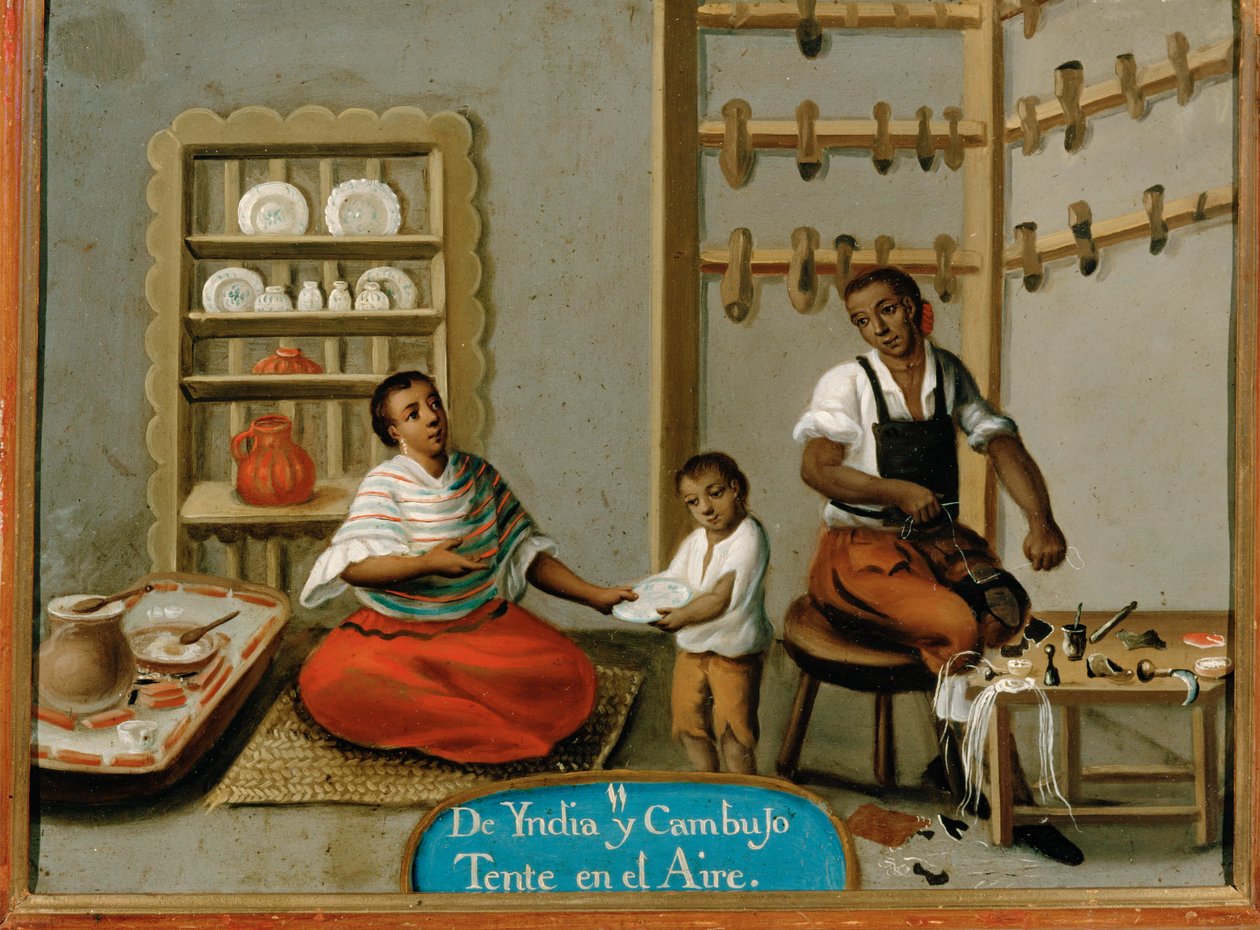 Races in Mexico: Mestizo Shoemaker and Ceramics Vendor in Their Workshop by French School
