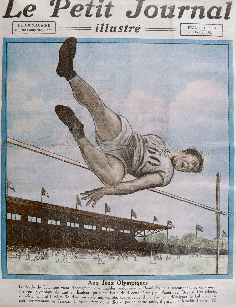 Record High Jump at the 8th Olympic Games, Paris, 1924, cover illustration from Le Petit Journal by French School