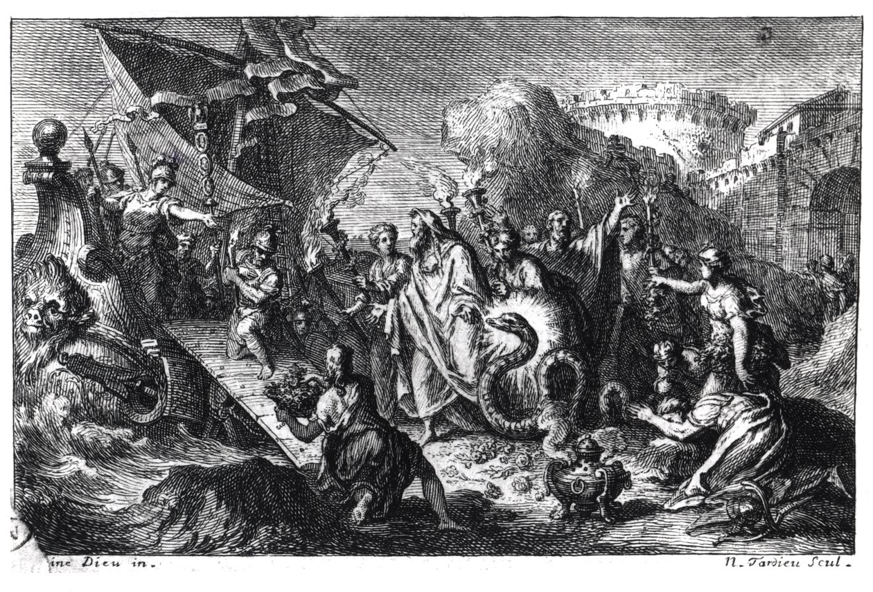 Reincarnation of Asclepios as a snake at the time of the arrival of his cult in Rome from Greece in 293 BC by French School