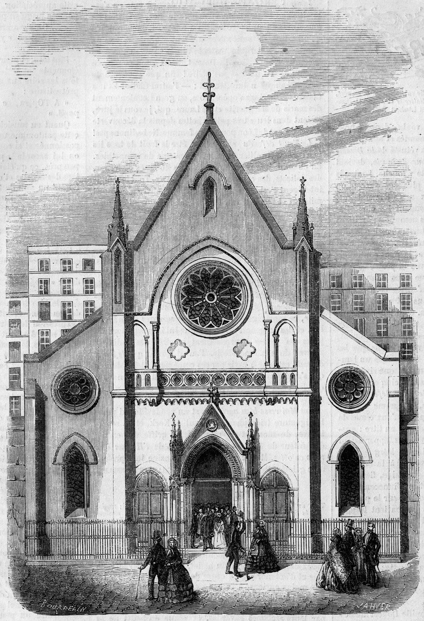 Religious architecture: facade of the Temple for Americans living in Paris, rue de Berry, in 1857. Building by architect Mr. Salmon. Engraving in 