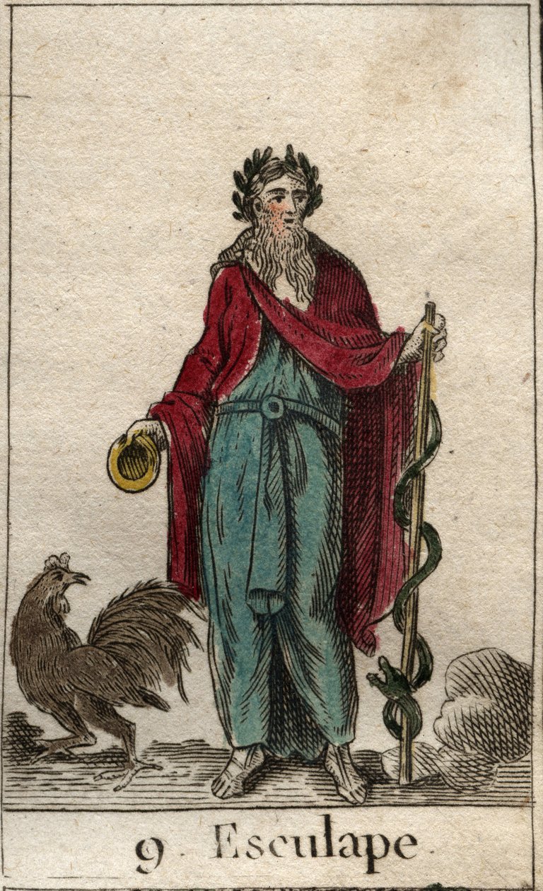 Representation of Asclepius, god of Medicine, holding a Rod of Asclepius. From 