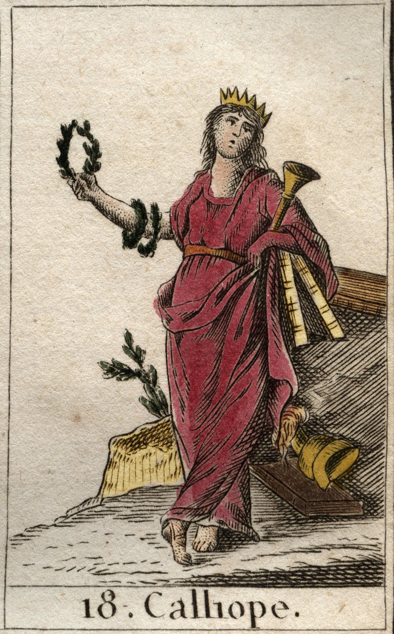 Representation of Calliope, muse of epic poetry, she holds in her hand a crown and the trumpet of the epic. From “Mythology of Youth” by Pierre Blanchard 1803 by French School