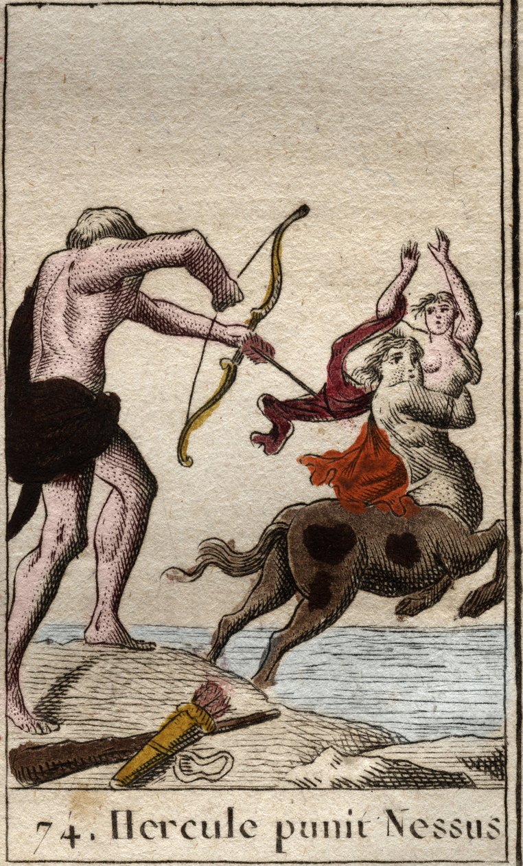 Representation of Hercules shooting a poisoned arrow at the centaur Nessus who attempts to kidnap Deianira. From 