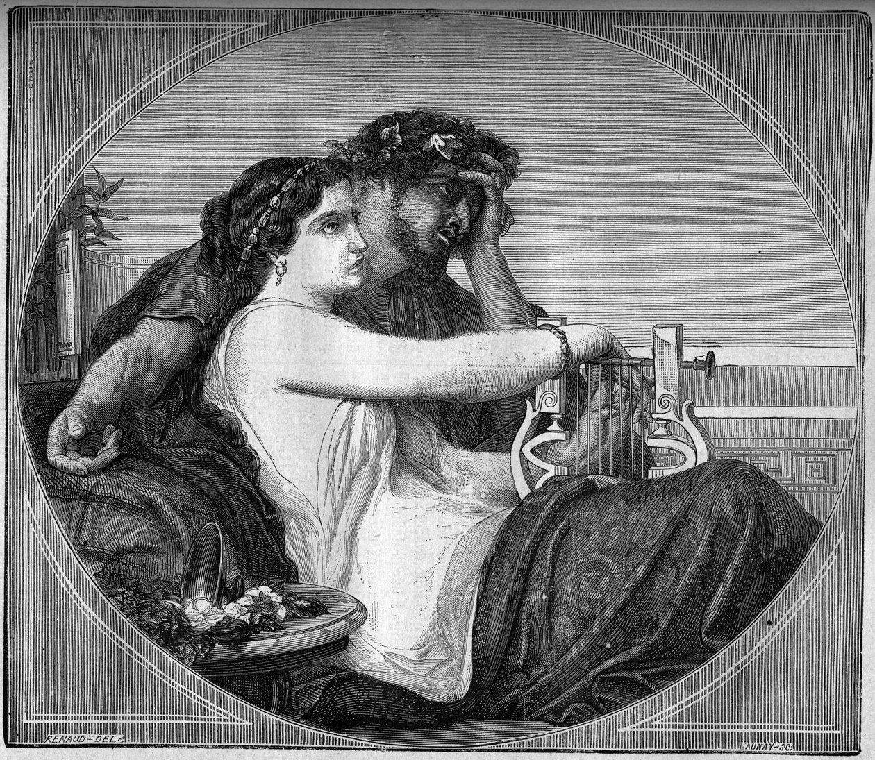 Representation of Lesbia and Catullus, Latin poet: the poet dedicated many poems to the young prostitute he was in love with. Engraving in 