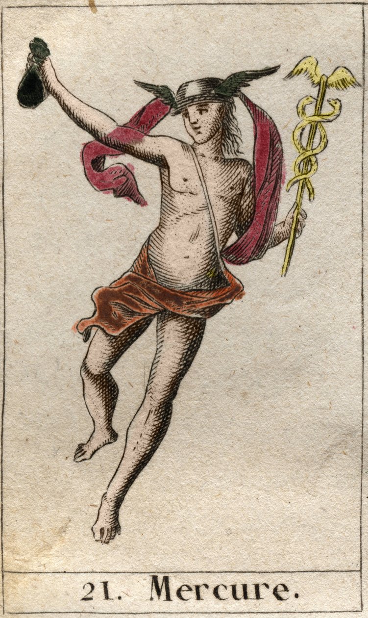 Representation of Mercury, god of trade, travel and messenger of other gods. He holds a caduceus, and wears a petasos. From “Mythology of Youth” by Pierre Blanchard 1803 by French School