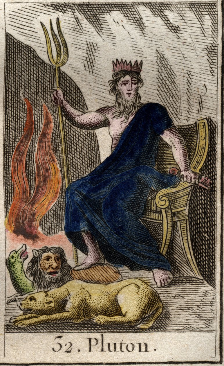 Representation of Pluto, god of the Underworld, with Cerberus, dog with three heads. From 