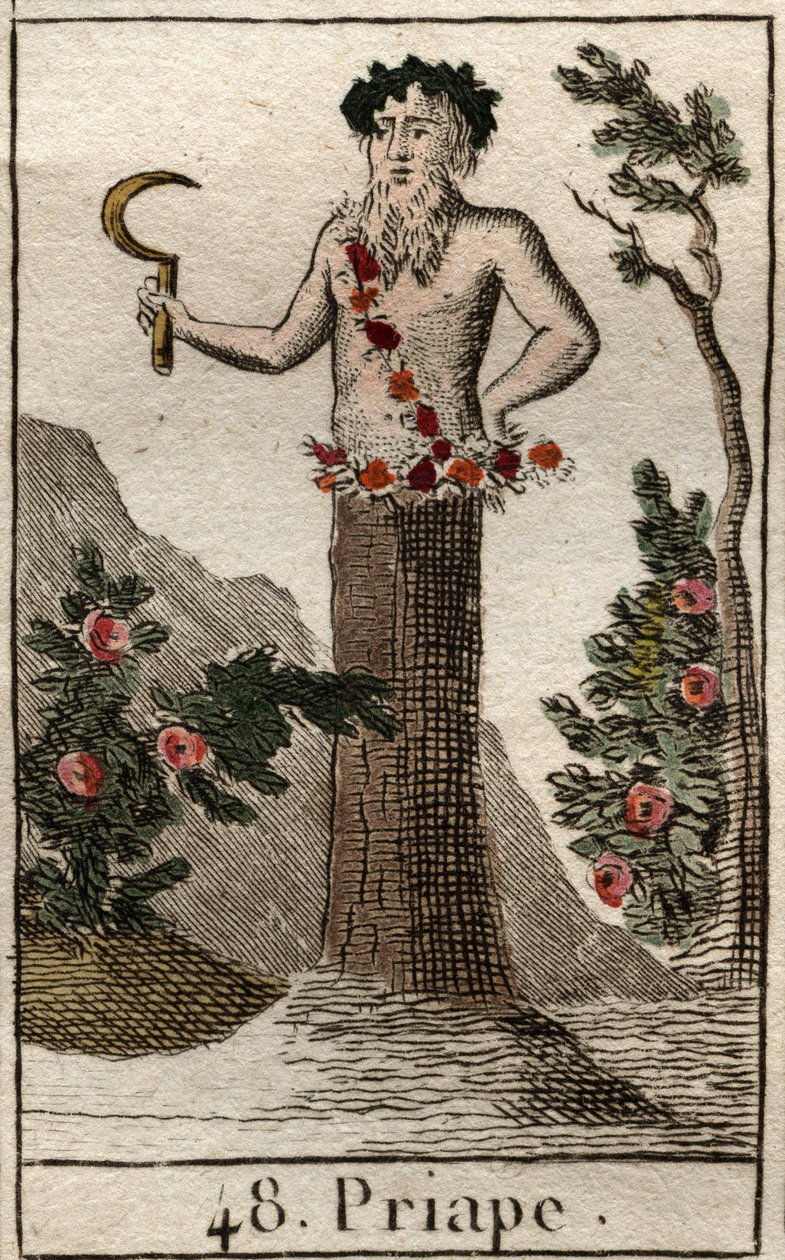 Representation of Priapus, god of libertinage and fertility, often represented with a giant erect penis, holding a sickle. From “Mythology of Youth” by Pierre Blanchard 1803. by French School