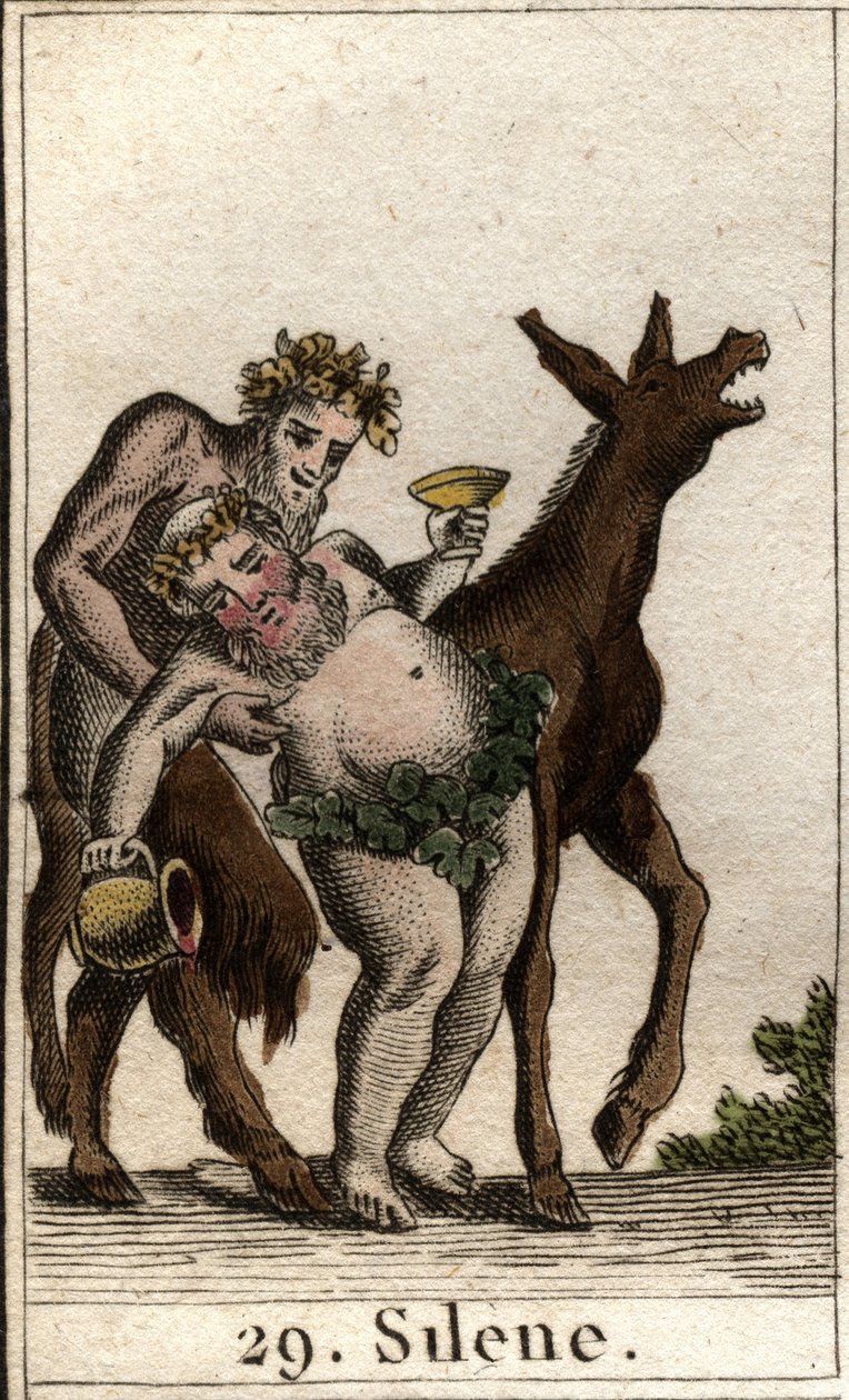 Silenus, companion of Bacchus, drunk, supported by a young satyr. From 