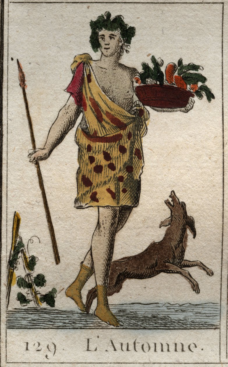 Representation of the Autumn season as Vertumnus holding a basket of fruit, with a dog. From “Mythology of Youth” by Pierre Blanchard 1803 by French School