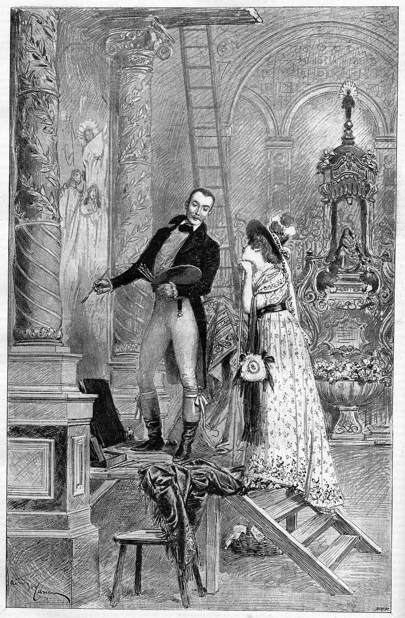 Representation of the Tosca, drama by Victorian Sardou at the Theatre de la Porte Saint Martin in 1887. Here Act 1, the Church of St. Andrea with Dumeny and Henriette Rosine Bernard called Sarah Bernhardt by French School