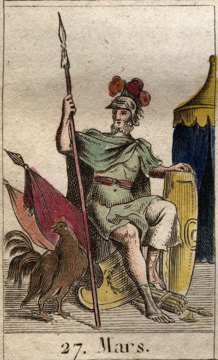 Representation of the god of war Mars, armed, near a rooster. From 