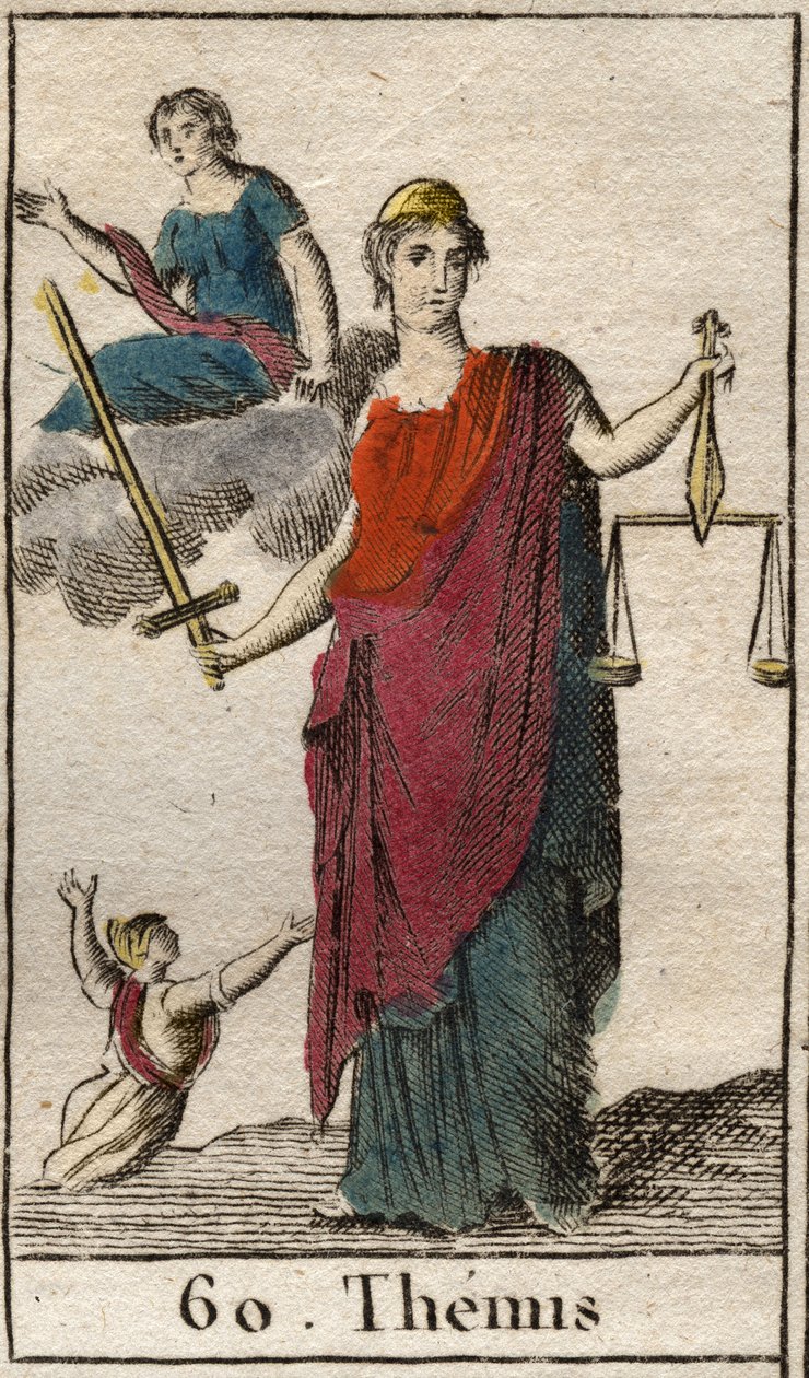 Representation of Themis, goddess of justice and law, holding a balance and a sword. From 