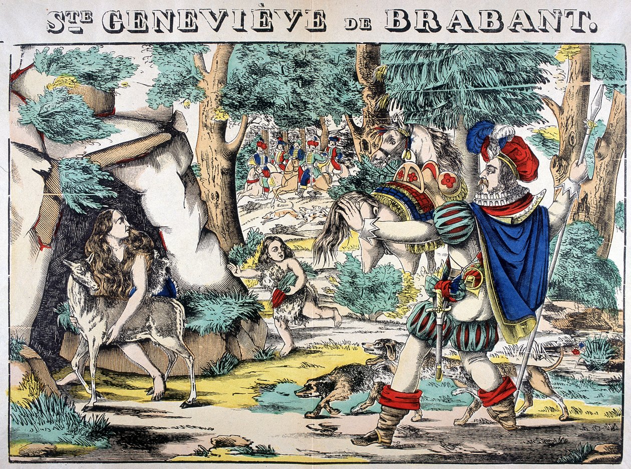 Representation of the legend of Saint Genevieve of Brabant. Scene of the encounter between Genevieve abandoned in the woods and her husband. Picture of Epinal by French School