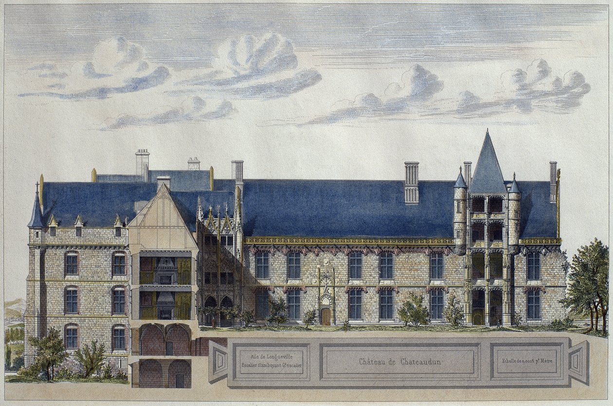 Restoration of Chateau de Chateaudun, illustration from Le Moniteur des architectes, engraved by H. Penel by French School