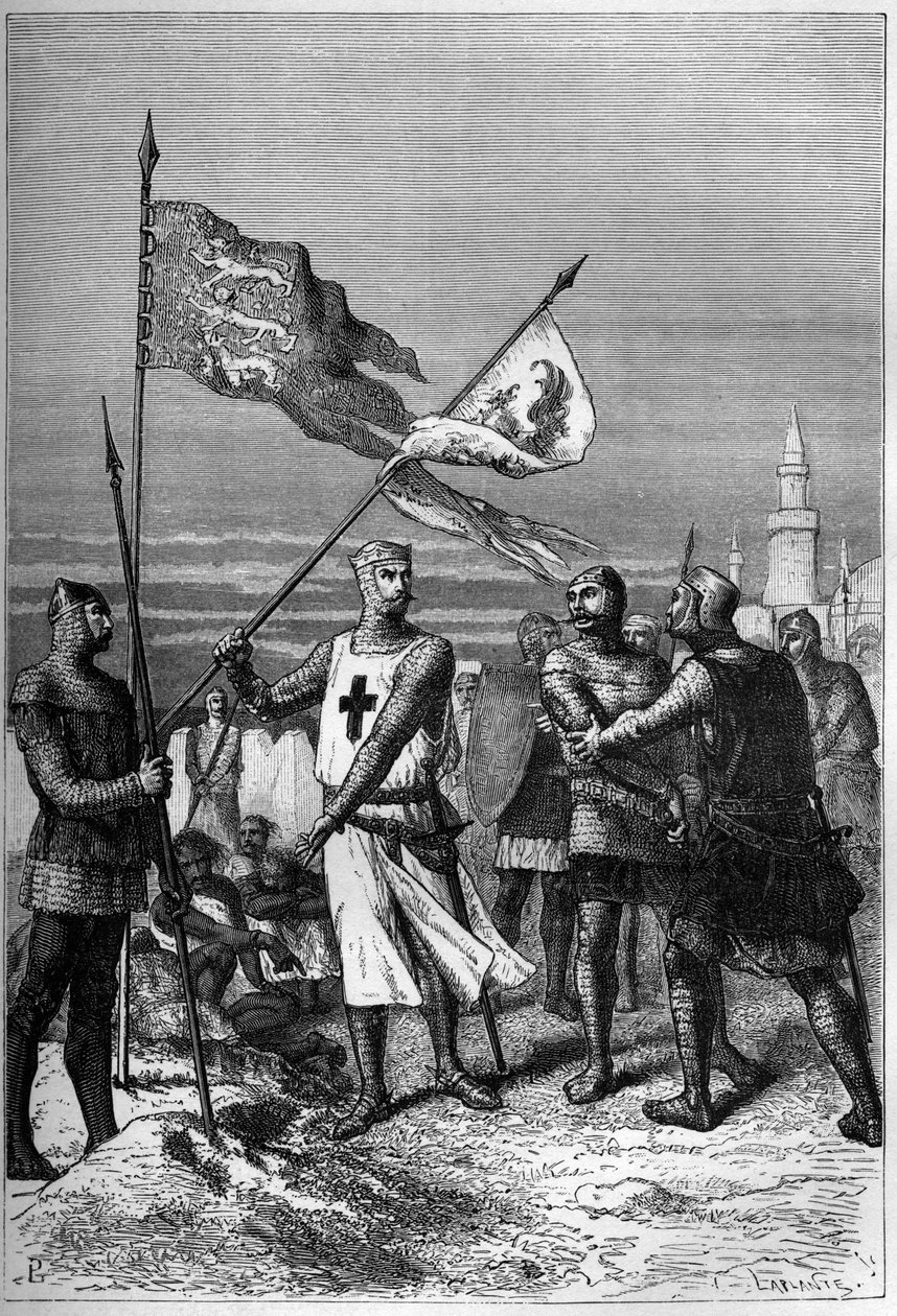Richard Coeur de Lion or Richard I the Lionheart (1157-1199) King of England, shown removing the banner of the archduke Leopold V, Duke of Austria - engraving in L