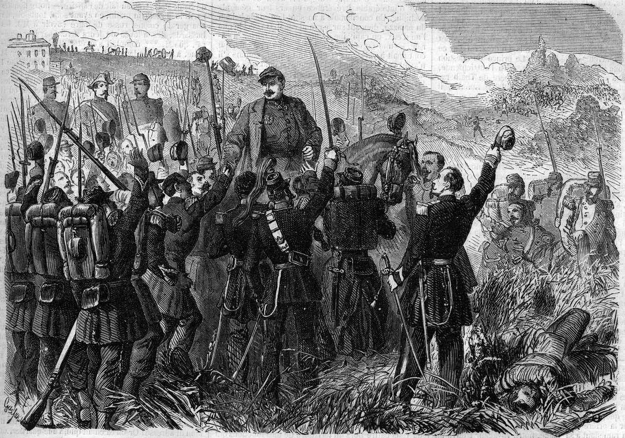 Risorgimento - Battle of Montebello della Battaglia (Italy), 21 May 1859: French general Elie Frederic Forey (1804 - 1872), commander of the Italian army, was triumphed by his soldiers after his victory over the Austrian army. Engraving in Le Monde Illu. by French School