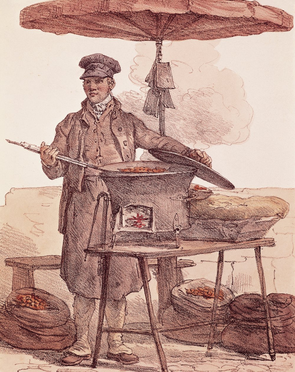 Roasted chestnuts seller by French School