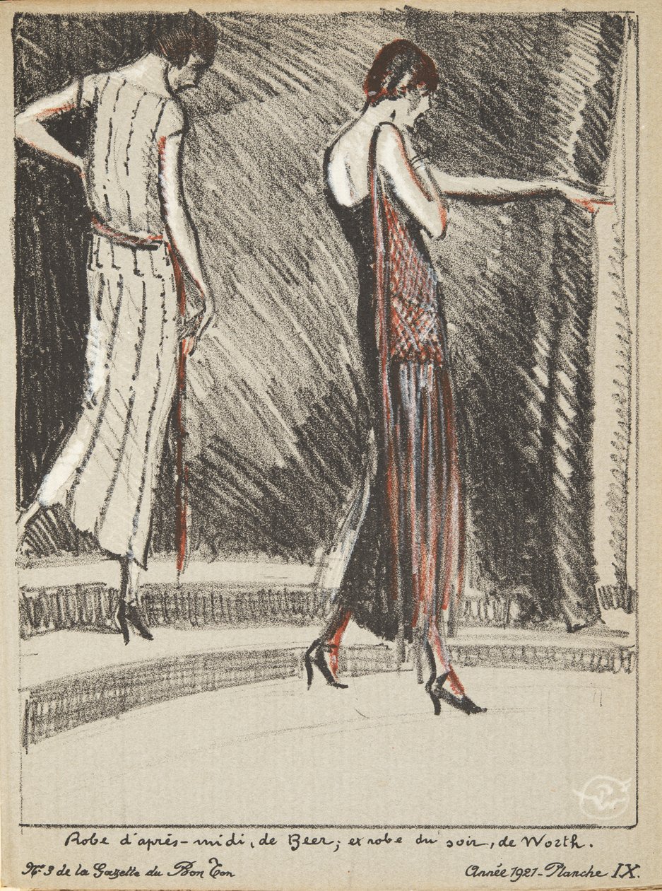 Afternoon Dress by de Beer, and Evening Dress by Worth, from a Collection of Fashion Plates by French School
