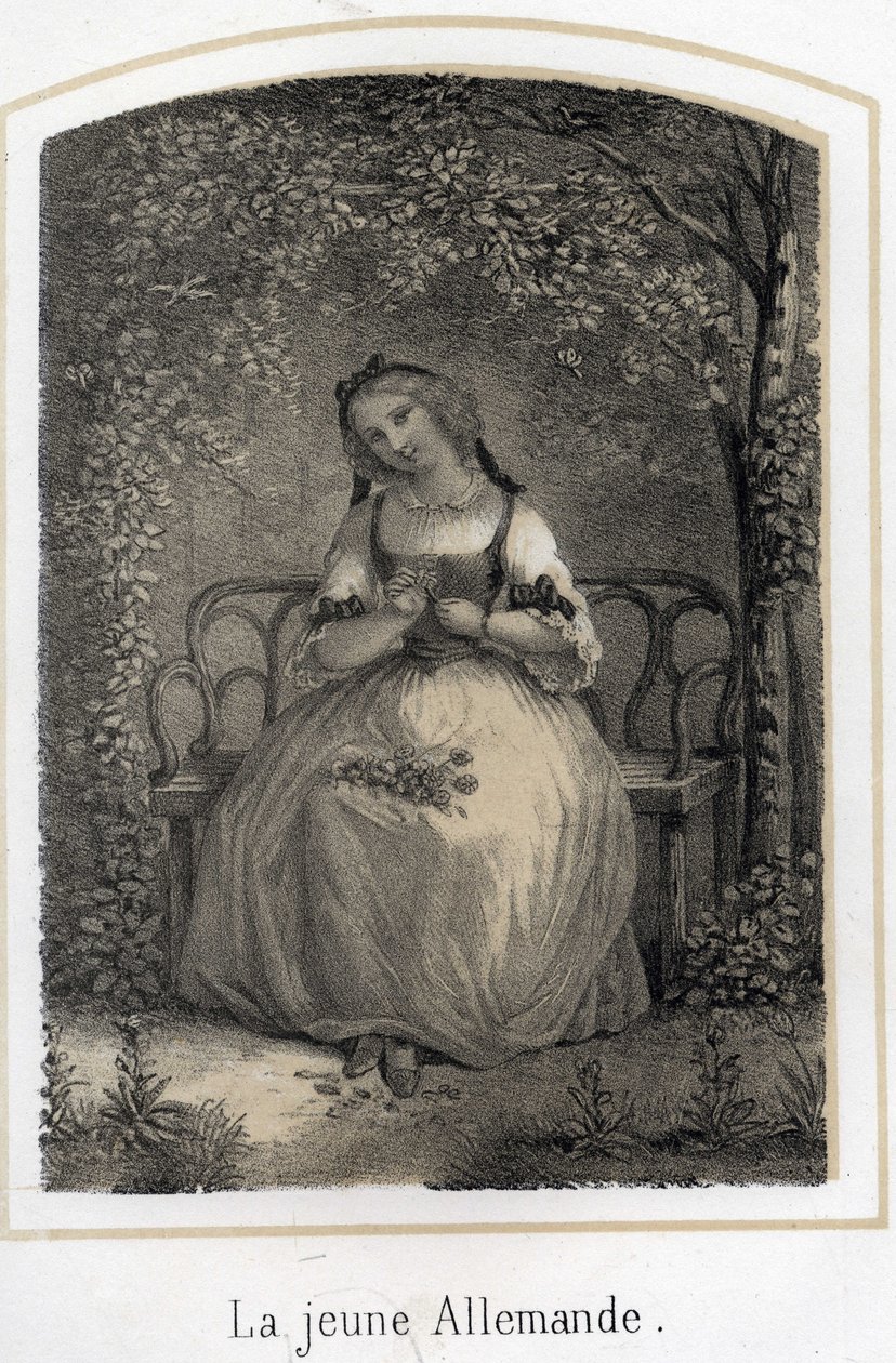 Romanticism: a young German woman sitting on a bench stripping a daisy thinking of her lover. Anonymous engraving of the 19th century by French School