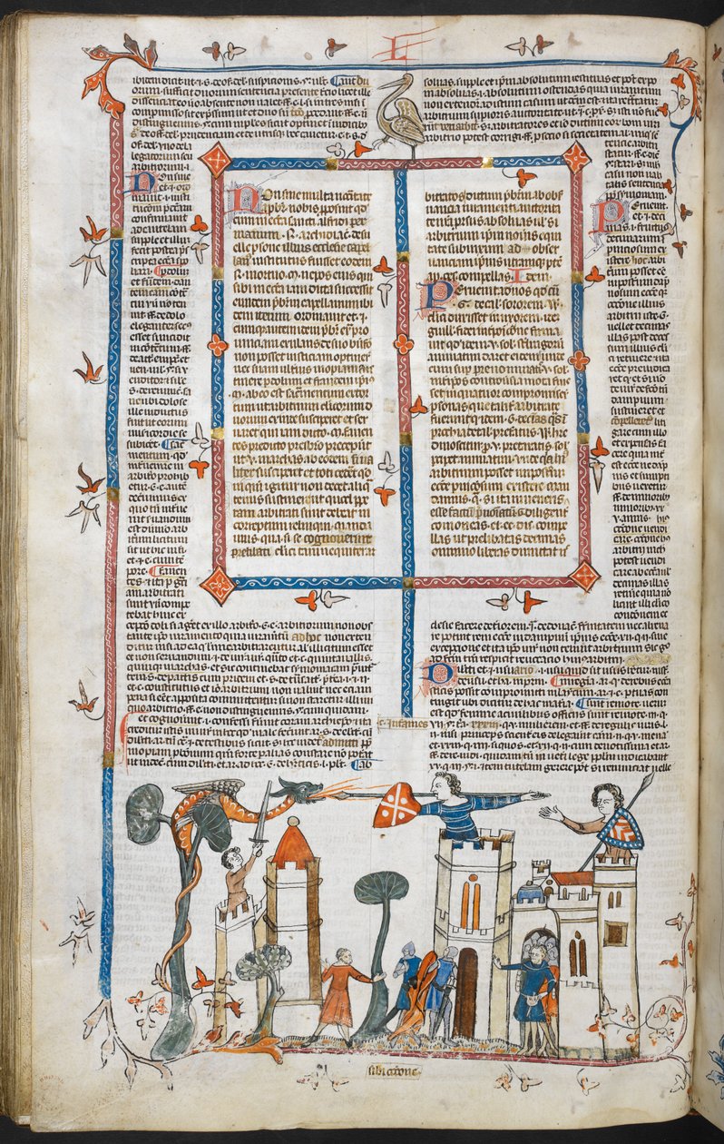 A bas-de-page scene of a dragon attacking a castle by French School