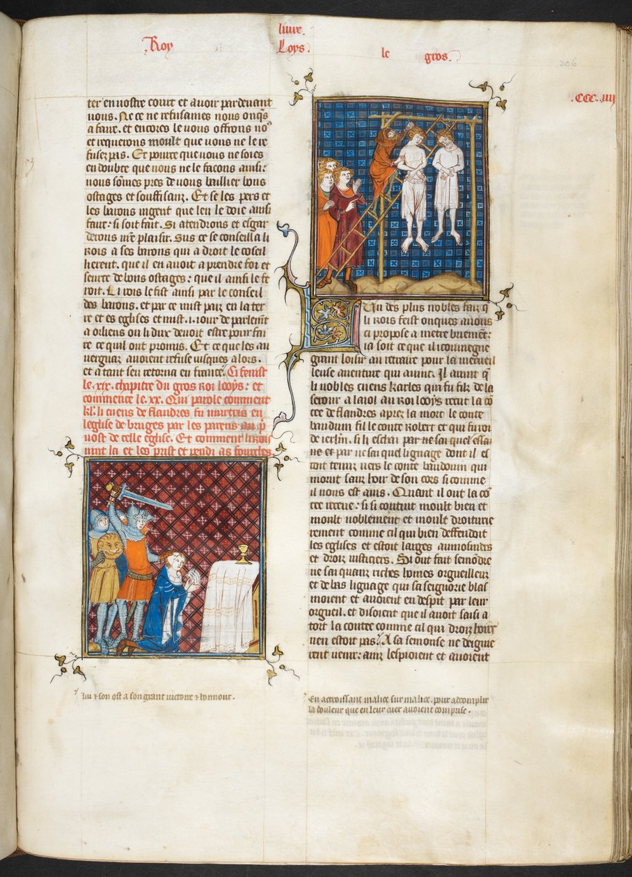 Murder of Charles, Count of Flanders Hanged (Louis VI, Book 20), from Les Grandes Chroniques de France by French School