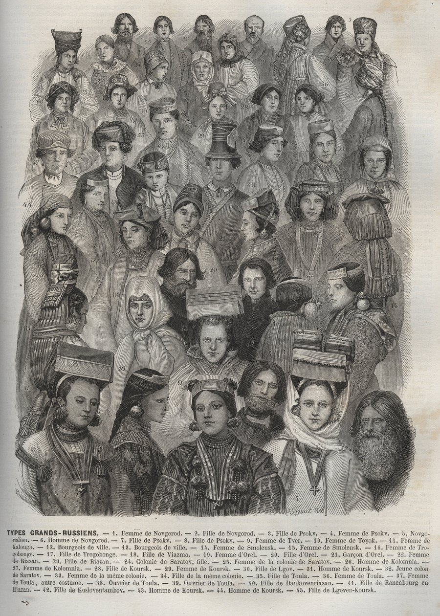 Russia - different types Great Russians - 1: wife of Novgorod - 2: daughter of Novgorod - 3: daughter of Psokv - 4: wife of Psokv - 5: Novgorodian - 6: man of Novgorod - 7: wife of Psokv - 8: daughter of Psokv - 9: wife of Tver - 10: wife of Toyok - 11: wi by French School