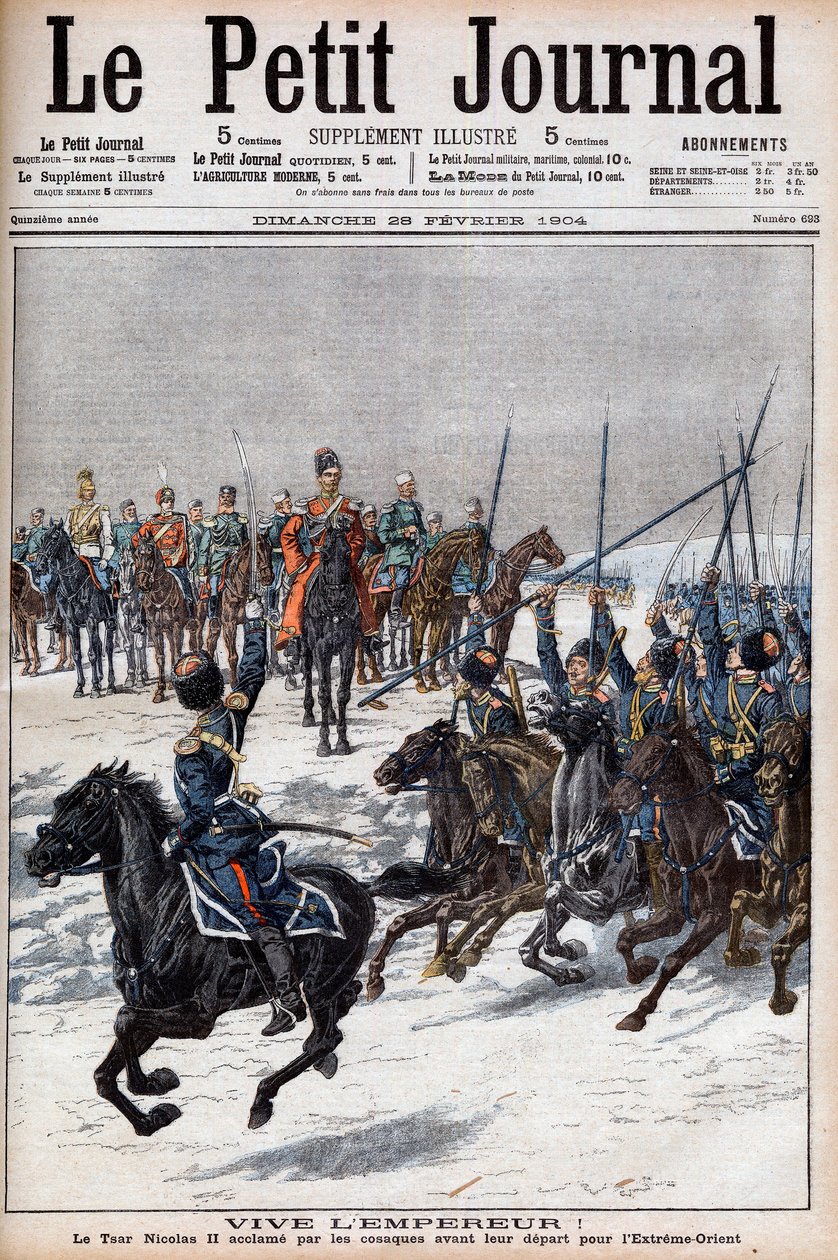 Russo-Japanese War 1904-1905 - Cossacks acclaiming Tsar Nicholas II before departing for the Far East to fight the Japanese in Le Petit Journal, 28 February 1904 by French School