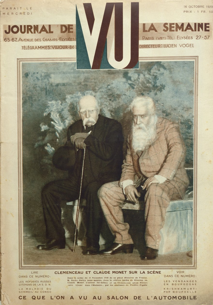 Sacha Guitry (1885-1957) acting as Claude Monet (1840-1926) and Jean Perier as Georges Clemenceau (1841-1929) in a scene from Histoires de France, from Vu magazine, 16th October 1919 by French School
