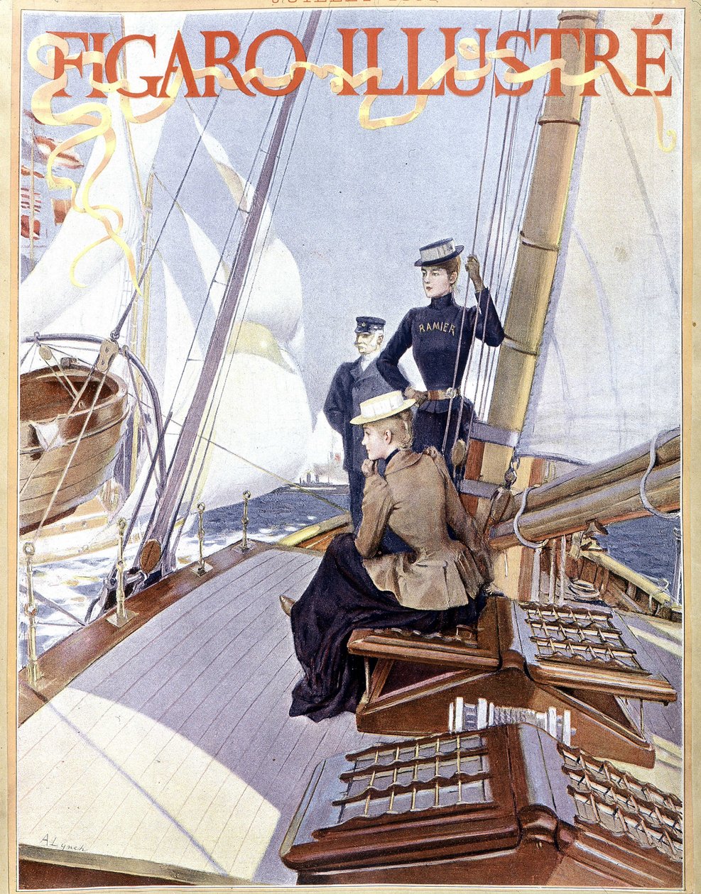 Sailing: women on the deck of a boat - drawing in Figaro illustrated of 1891, Arts Deco by French School
