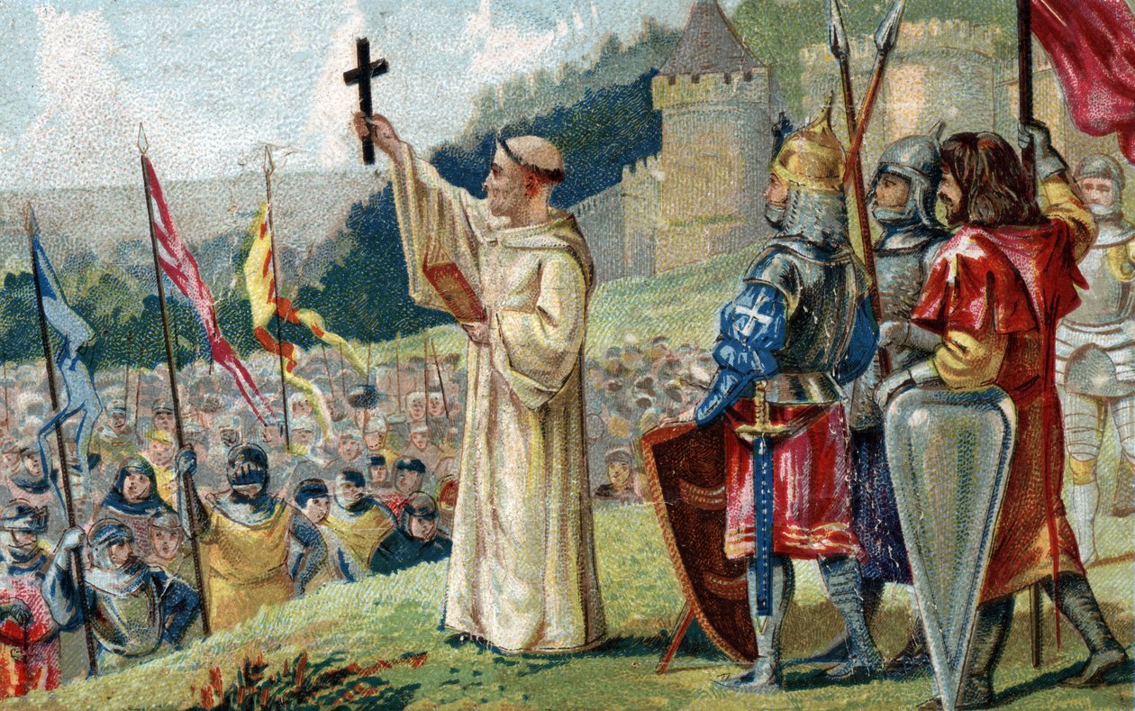 Saint Bernard of Clairvaux preaching the Second Crusade in the presence of King Louis VII and Queen Alienor of Aquitaine and Abbe Suger, in Vezelay in Burgundy on 31 March 1146 by French School