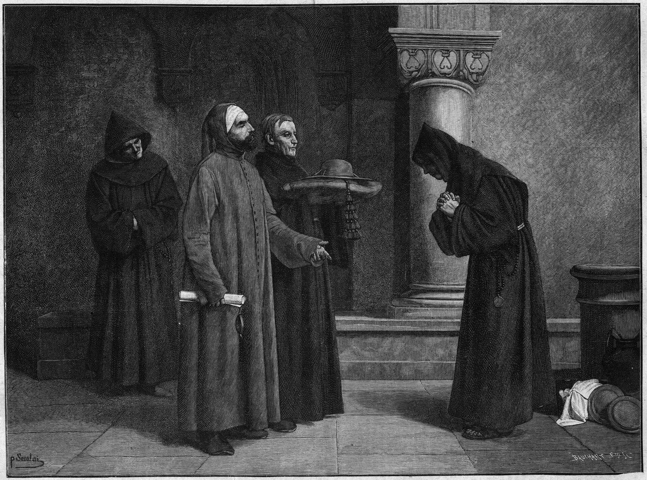 Saint Bonaventure (Giovanni di Fidanza, Known as Doctor Seraphique, San Bonaventura) (1221-1274) Receiving the Hat of the Cardinal. He was Consecrated Cardinal-Eveque of Albano in 1273 by Gregoire X. Engraving by Bauchart from Santar