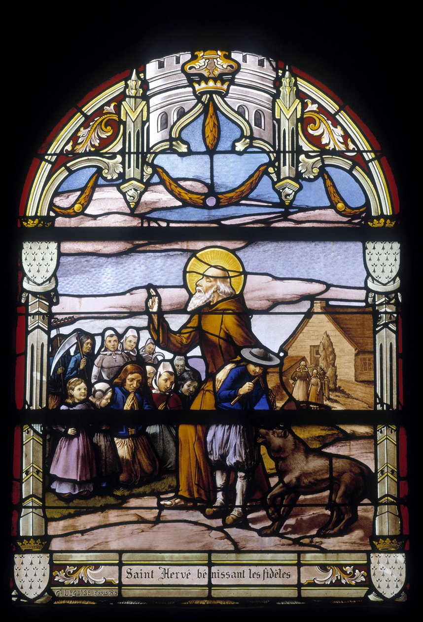Saint Hervé blessing the faithful - stained glass windows of St Germain church in Kerlaz by French School