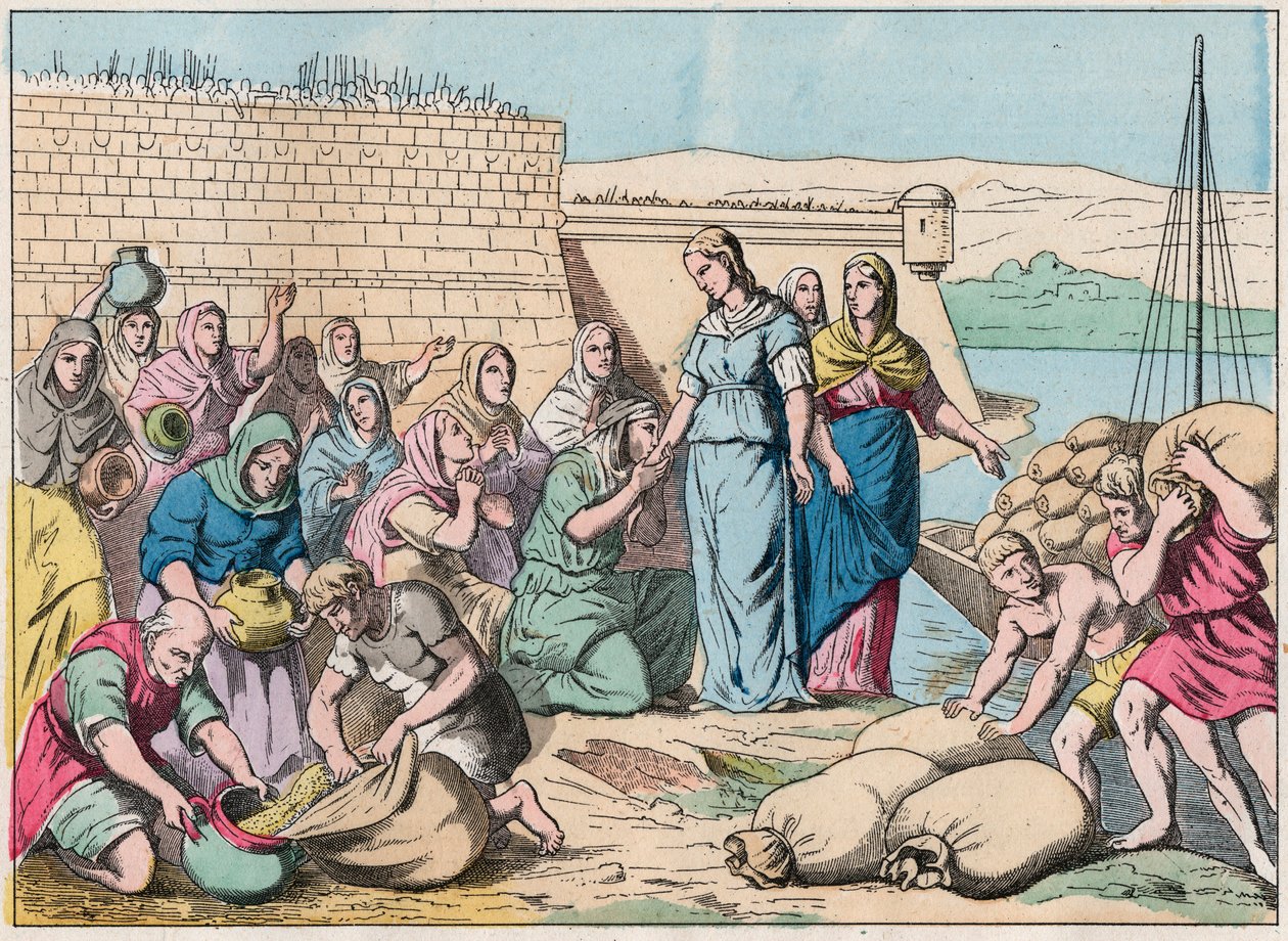 Sainte Genevieve distributes food to the people during the siege of Paris by the army of the Huns of Attila in 451 (barbarian invasions) - Engraving of the end of the 19th century in “Nos Gires Nationales - Images” by French School