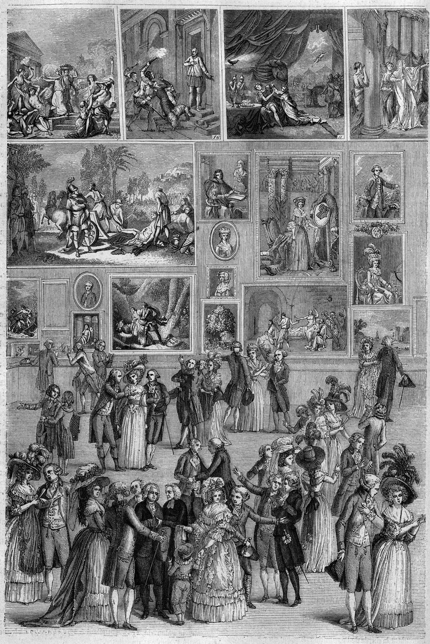 Salon de 1787: View of the Salon Carre at the Louvre during the Painting Exhibition in Paris. Engraving by Martini in 