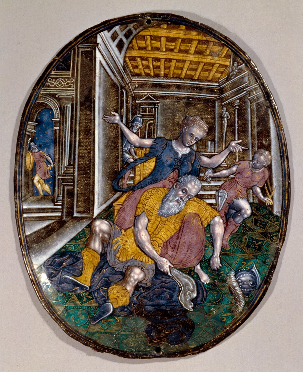Samson and Delilah. Samson loses strength after Delilah cuts his hair. Limoges booklet. 1575 approx. London, Victoria and Albert Museum by French School